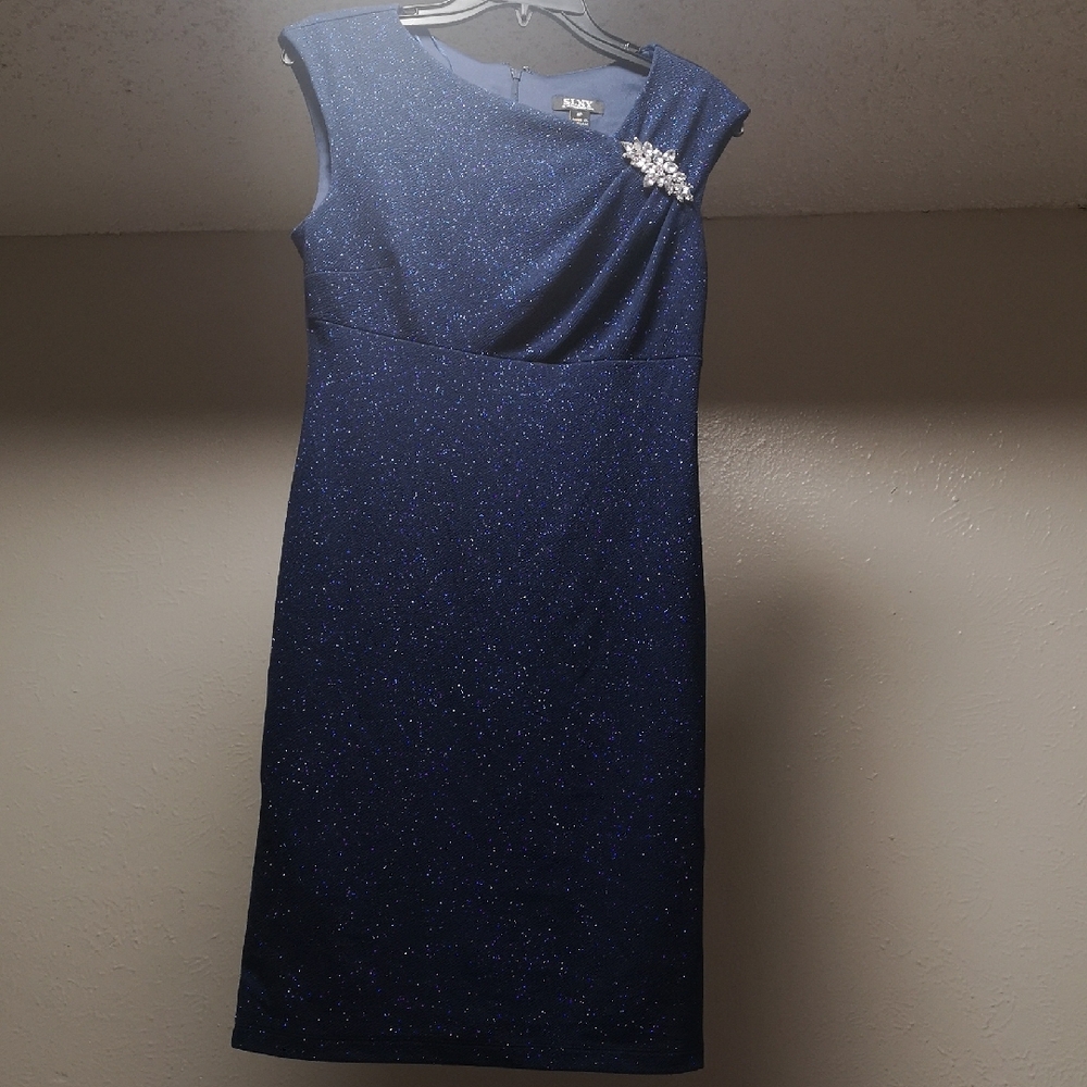 Alex Evenings Navy Dress with Sparkling Brooch